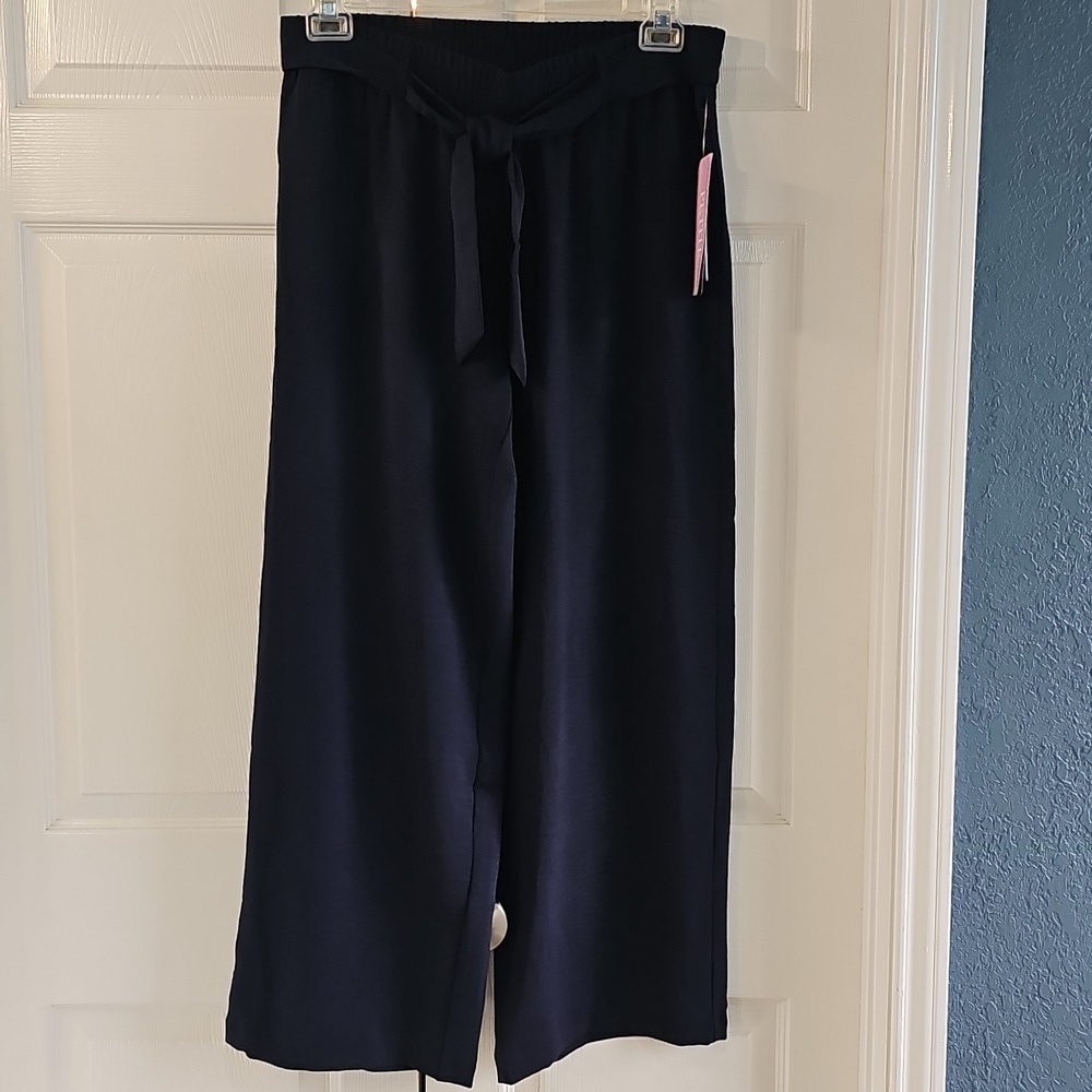 NWT New York Clothing CO Wide Leg Pull On Belted W Tie Petite Large (PL) Navy - Picture 2 of 16